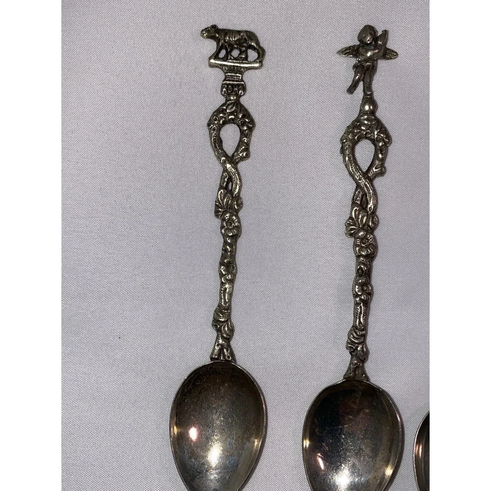 Set of 7 Montagnani Style Italy Stamped Figural Demitasse‎ Spoons Ornate Vintage